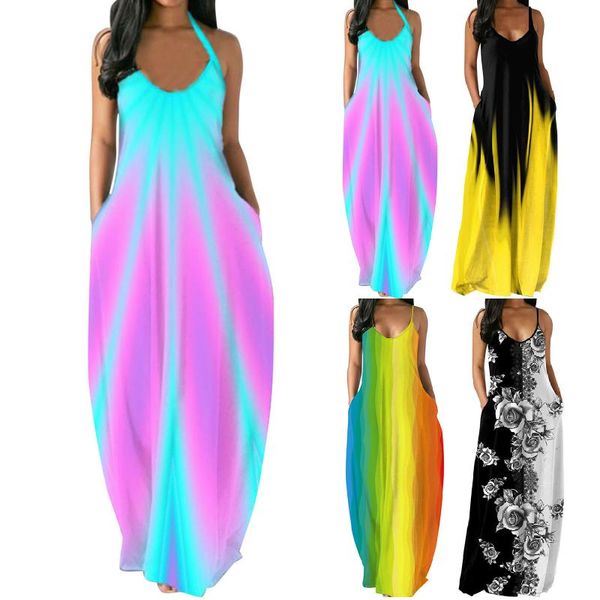 

casual dresses women's summer print sleeveless pocket loose dress 2021 plus size floral maxi o-neck neon female long yl, Black;gray