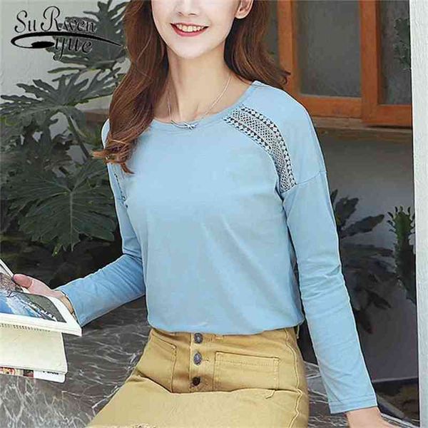 

autumn cotton plus size woman t-shirt o-neck long sleeve shirt women solid sweet style hollow loose fashion clothes 10588 210421, White