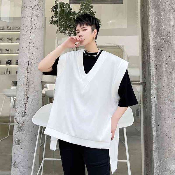 

men's vests korean pullover fashion black white casual men streetwear loose long v-neck jacket mens clothing m-xl c6pm