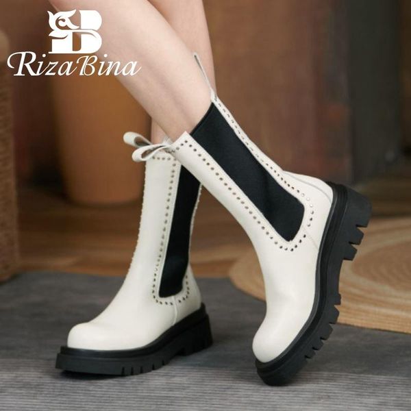

boots rizabina women mid calf real leather mixed color winter woman shoes fashion cool boot daily ladies footwear size 34-41, Black