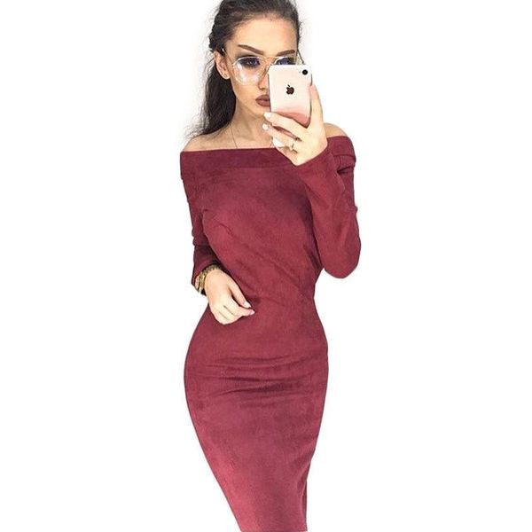 

autumn winter women long sleeve off shoulder knee length dress eleagnt ladies slim pencil dresses evening partywear vestidos casual, Black;gray