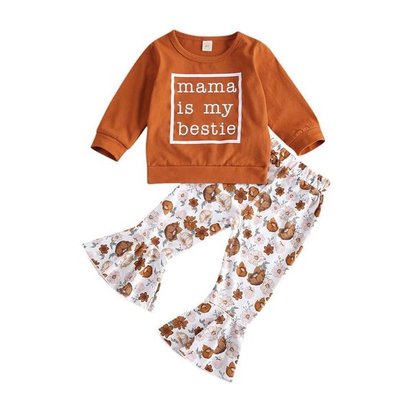 

clothing sets 2021 kid girl trousers unique letter print t-shirt floral elastic trumpet pants children clothes set, White