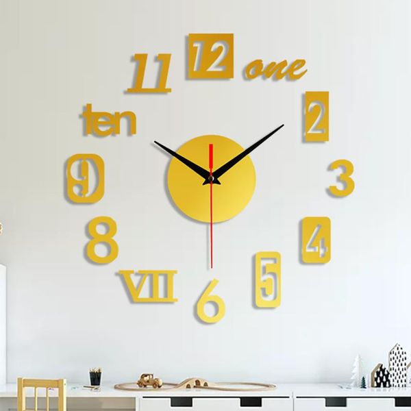 

frameless diy wall mute clock 3d mirror surface sticker home office decor clocks