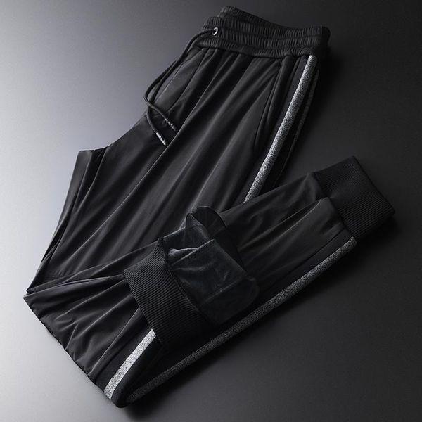 

men's pants minglu inner velvet mens luxury side ribbon elastic waist black man autumn and winter slim fit male trousers 4xl