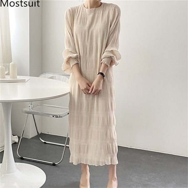 Koreanische Chiffon Frauen Lange Kleid Laterne Hülse O-ansatz Gerade Kleider Vintage Elegante Lose Damen Vestidos Femme 210513