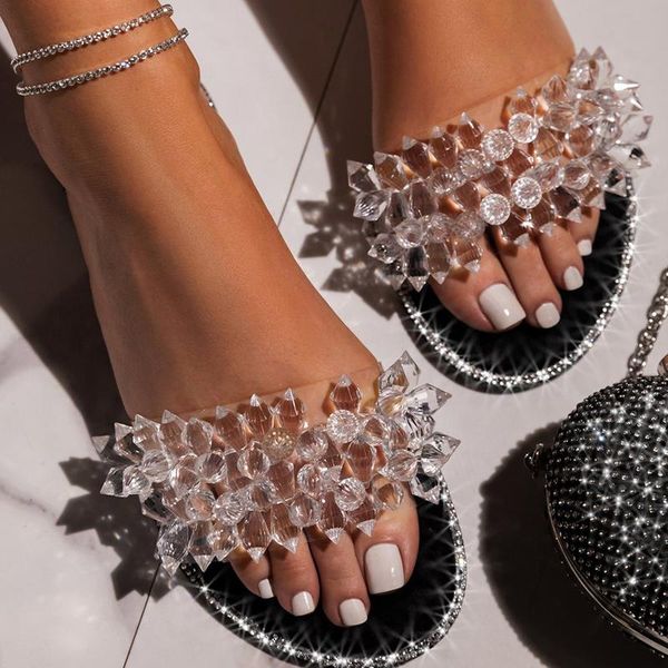 

women transparent slippers 2021 ladies rhinestone mixed color flats summer female casual slides woman beach shoes plus size 43, Black