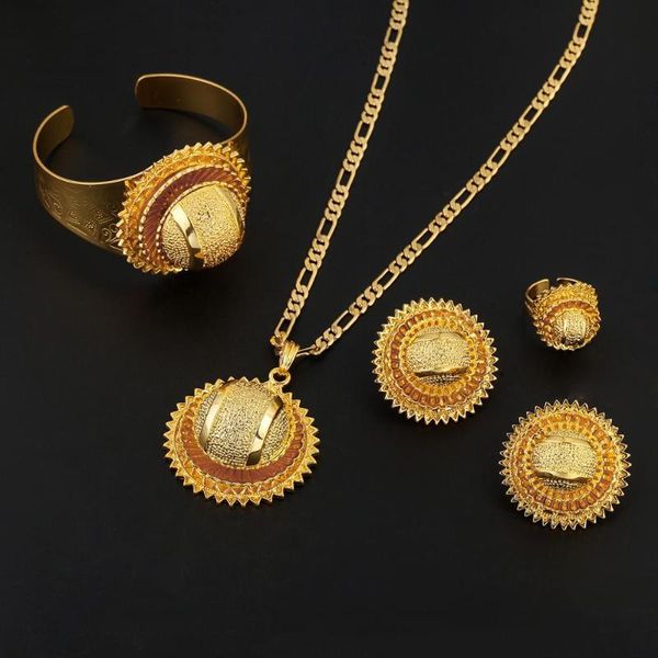 

earrings & necklace ethiopian 24k gold color brass pendant chain clip earring ring bangle trendy women jewelry set, Silver