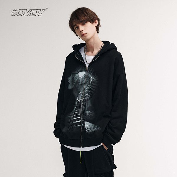 

wxwovdy 2021 autumn winter street fashion brand portrait superimposed spiral ladder printed zipper hoodie coat men, Black