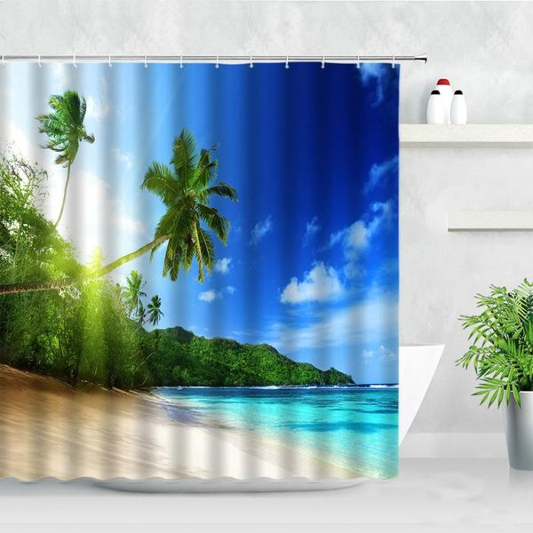 

sunny beach coconut trees shower curtains ocean green plant natural scenery modern fabric bathroom bathtub decor hooks curtain
