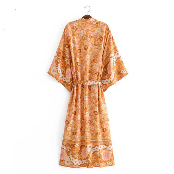 

women's blouses & shirts bohemia v neck orange flower print maxi long kimono shirt ethnic women lacing up bow sashes cardigan ib96, White