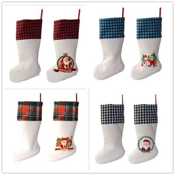 Sublimation karierter Weihnachtsstrumpf, Leinen, weiße Süßigkeiten, Socken, Weihnachtsmann, Geschenktüte, Weihnachtsbaumschmuck, Festivalzubehör für Kinder