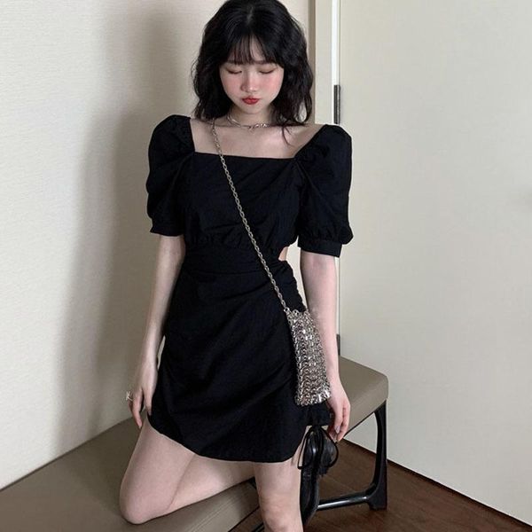 

casual dresses korean kawaii white black women dress spring summer sweet gothic a-line square collar drawstring lace up mini vestidos, Black;gray
