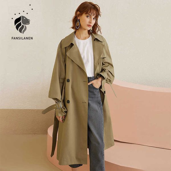 FANSILANEN Trench coat autunno inverno Casual manica a sbuffo lunga giacca a vento Donna cachi cintura elegante sopra femme 210607