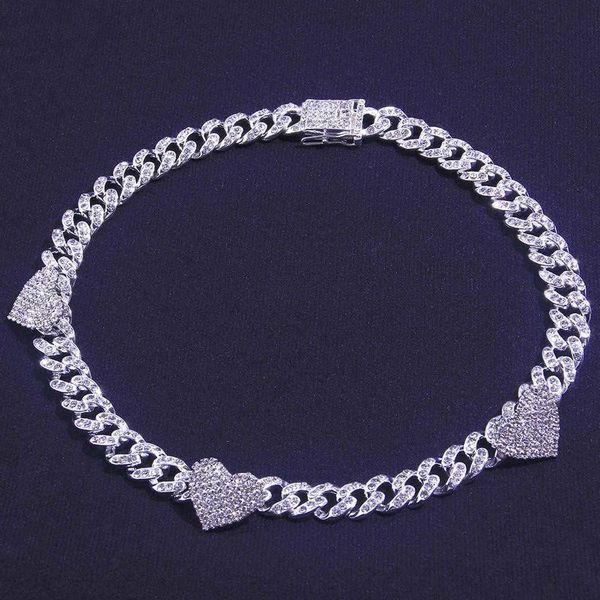 

stonefans women's heart-shaped hip-hop necklace, cuban mesh chain, miami cold style, flash, love, neck zipper q0809, Silver