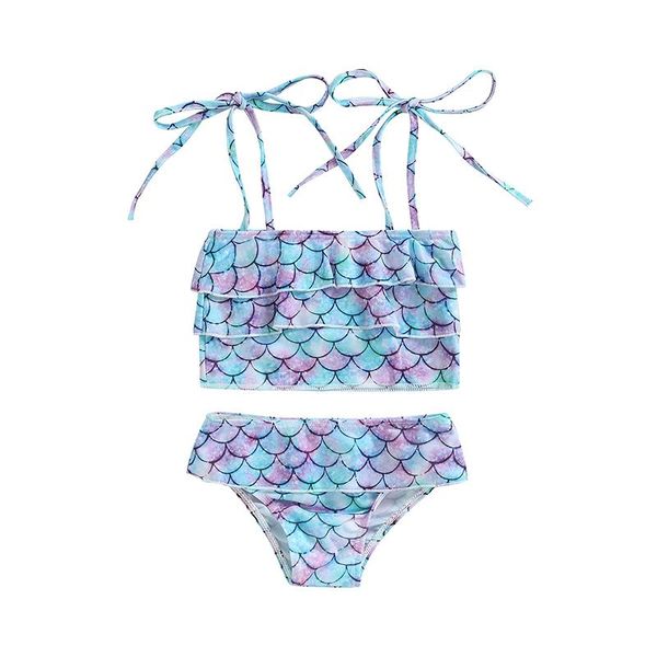 Set di abbigliamento Set di costumi da bagno per bambina adorabile, top corto a pieghe con collo quadrato canotta elastico in vita triangolo cavallo mutandine di pelle di pesce