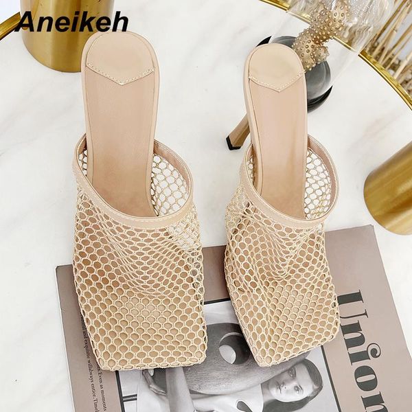 

aneikeh high heels womens slippers outdoor mesh fashion summer 2021 patchwork wedding ladies shoes head peep toe mujer, Black