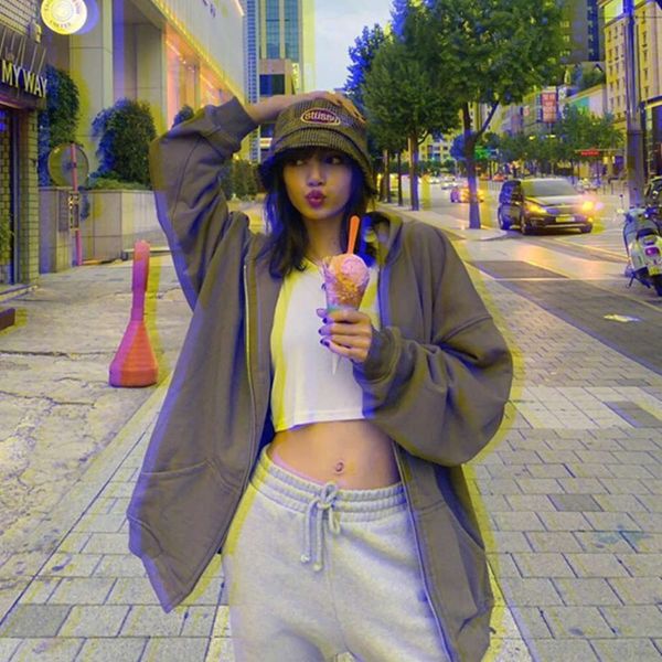 

same grey sweater women's loose hoodie cardigan jacket spring and autumn thin style, Black