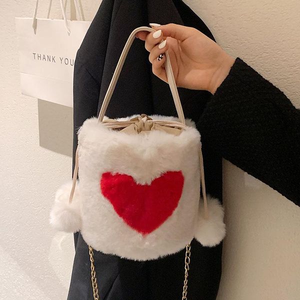 

evening bags winter plush for women 2021 fashionable faux fur luxury handbag casual cute heart-shaped bucket woman shoulder bag