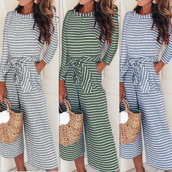 

women's jumpsuits & rompers casual women striped jumpsuit long sleeve loose trousers female wide pants belted leotard overalls, Black;white