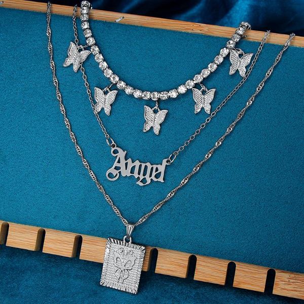 

chains trendy butterfly crystal tennis chain necklaces for women multilayered geometric letters twisted boho party jewelry, Silver