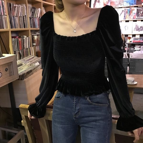 

gaganight black autumn winter fashion women short blouse velvet long sleeves square collar korean shirt office lady vintage 210317, White
