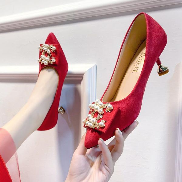 

dress shoes women red pointed toe pumps flock high heels boat wedding zapatos mujer 6.5cm a171 thin, Black