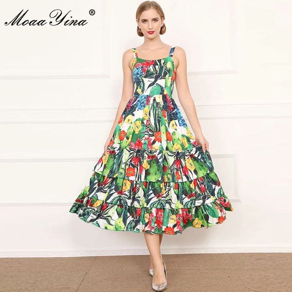 Mode Designer Kleid Sommer Damen Kleid Spaghetti Strap Hohe Taille Kaktus Blumendruck Cascading Rüschen Kleider 210524