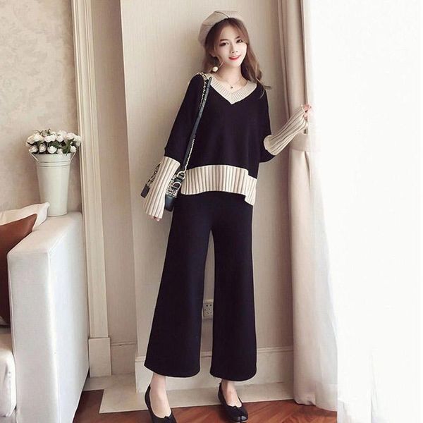 

women's two piece pants spring long sleeve slim knitted sports casual v-neck suit + elastic female, White