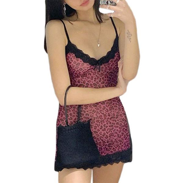 

casual dresses women spaghetti strap v-neck bodycon mini camis a-line dress leopard printed scalloped lace splicing trim clubwear, Black;gray
