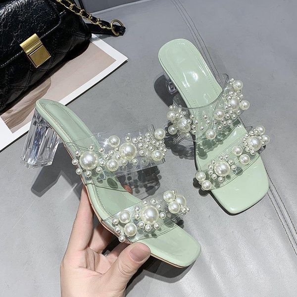 

big size string bead shoes low ladies' slippers women heels pantofle luxury slides high 2021 designer rome rubber pumps pu fabri, Black