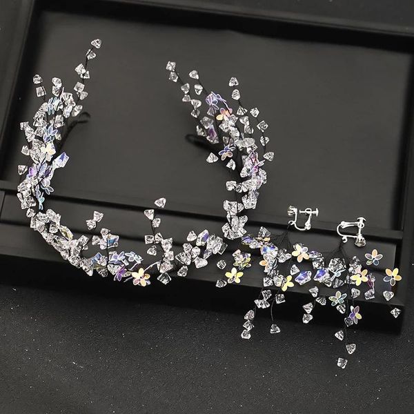 

luxury crystal acrylic beads headbands earrings sets for women bridal handmade crown head decoration wedding hair accessories & necklace, Silver