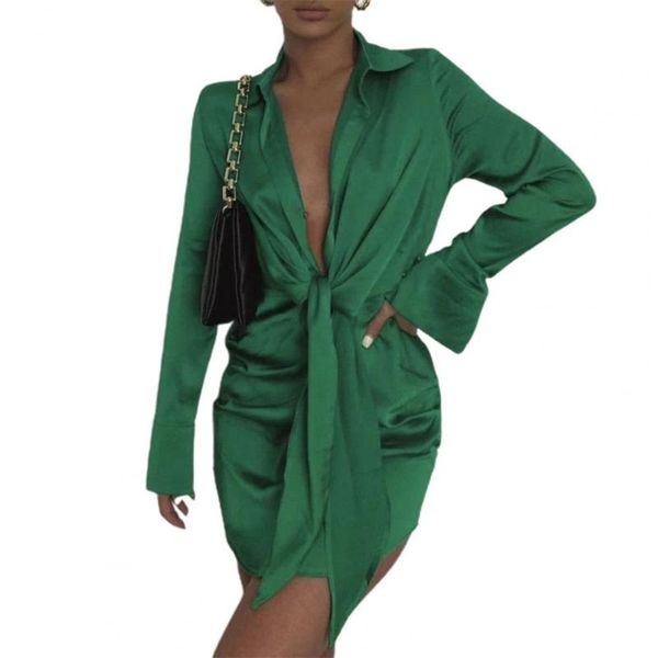 

casual dresses shirt dress women beautiful solid color deep v mid waist lace-up bodycon streetwear, Black;gray