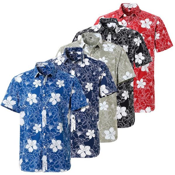 

men's casual shirts summer 100% pure cotton mens hawaiian shirt printed short sleeve big us size hawaii flower beach floral patterns, White;black