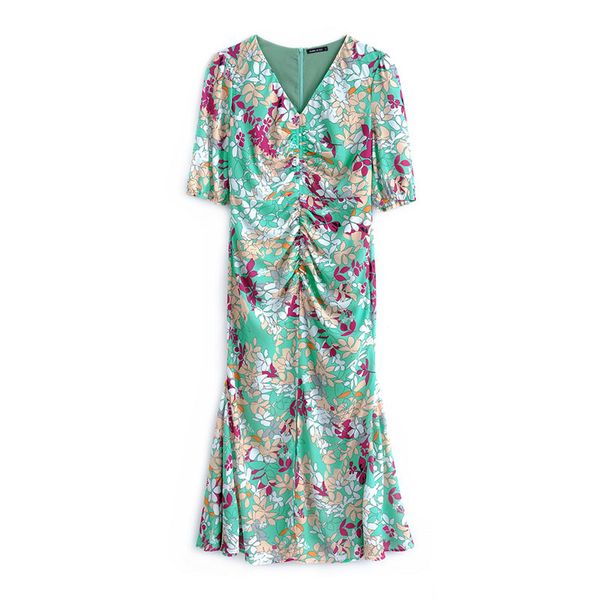 

green v neck short sleeve midi dress summer elegant floral print mermaid d1844 210514, Black;gray