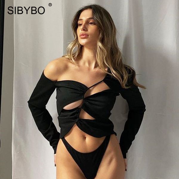 

sibybo black hollow out t-shirt women summer off shoulder slim vest tee shirts femme streetwear going out y2k 2021, Black;white