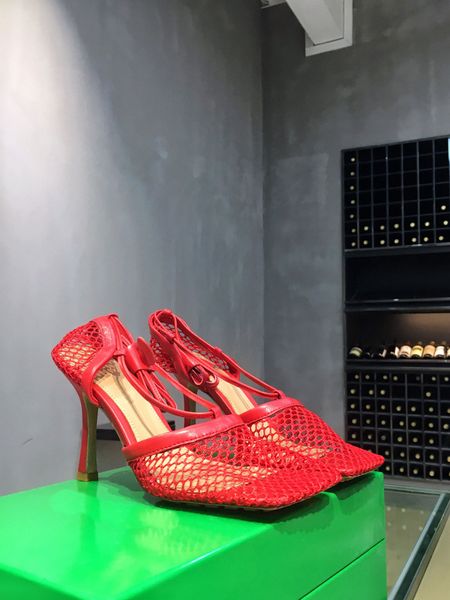

21ss fashion mesh high heel sandals hollow weaving quality women's square toe designer luxury classic shoe box, Black