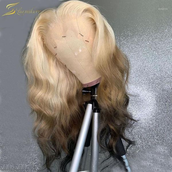 

ombre 613 blonde hd transparent brazilian body wave lace front wigs invisible pre plucked colored human hair wig for black women1, Black;brown