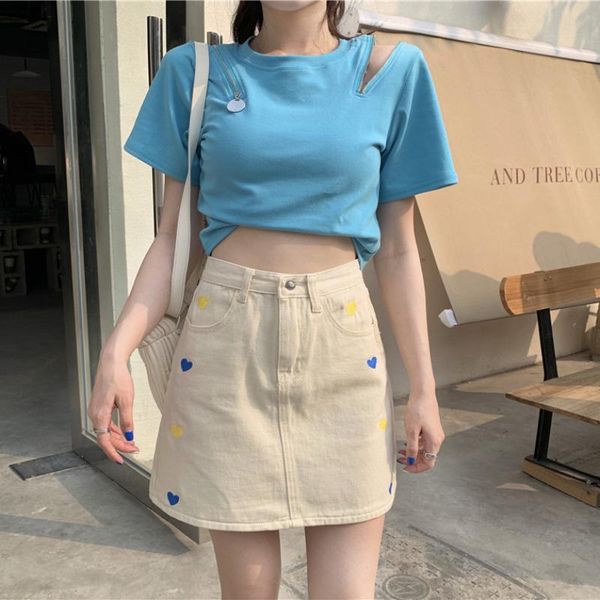 

skirts denim skirt love embroidery female summer style high waist a-line bag hip, Black
