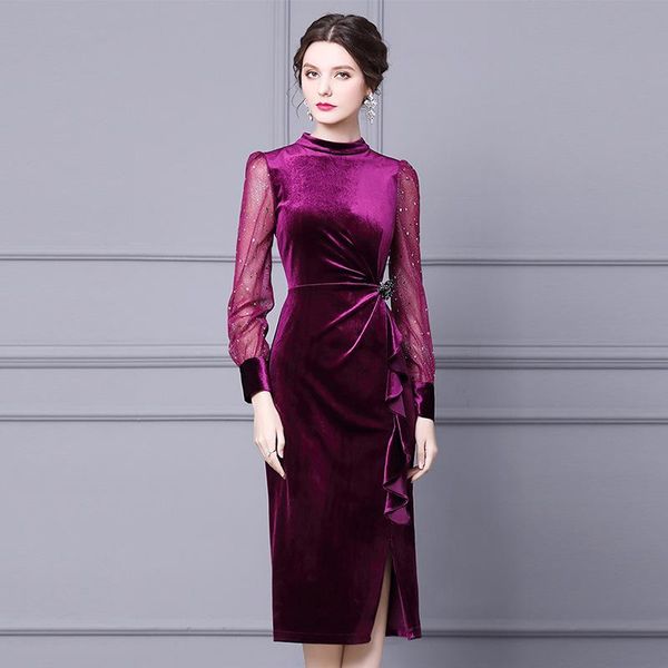 

gold velvet dress draw back thin the autumn and winter ruffle ladies temperament casual dresses, Black;gray