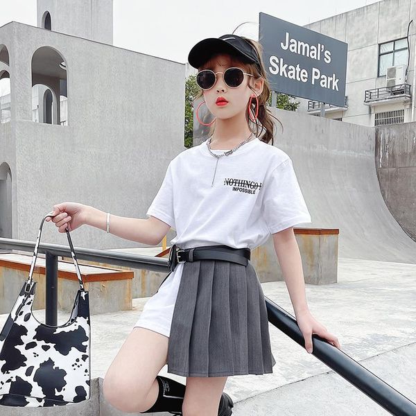 

clothing sets distinctive children's girls 2021 summer autumn fashion trendy two-piece short-sleeved long t-shirt pleated skirt, White