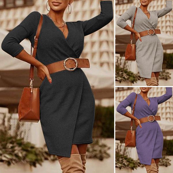

dresses celmia 2021 autumn bodycon knitted dress women elegant v-neck mini vestidos robe fashion long sleeve asymmetrical dresses, Black;gray