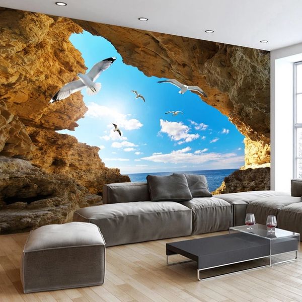 Photo Photo Mural Isola di Sea 3D Cave Blue Sky Bianco Nuvole Nuvole Grande Carta da parati Soggiorno Decorazione camera da letto