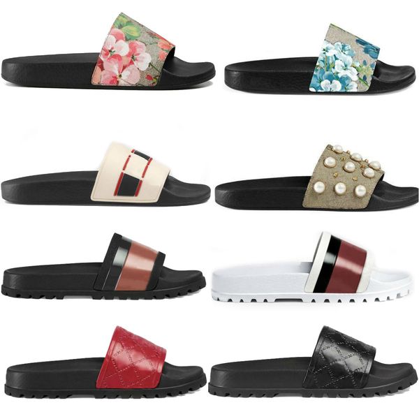 

designer men women sandals with correct flower box dust bag shoes snake print slide summer wide flat sandals slipper, Black