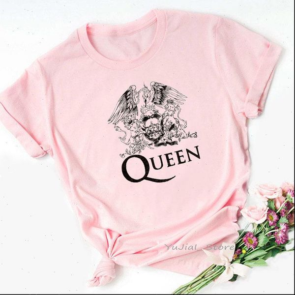 

rock queen womens band tshirt women freddie mercury print vintage t shirt aesthetic clothes summer female pink graphic, White