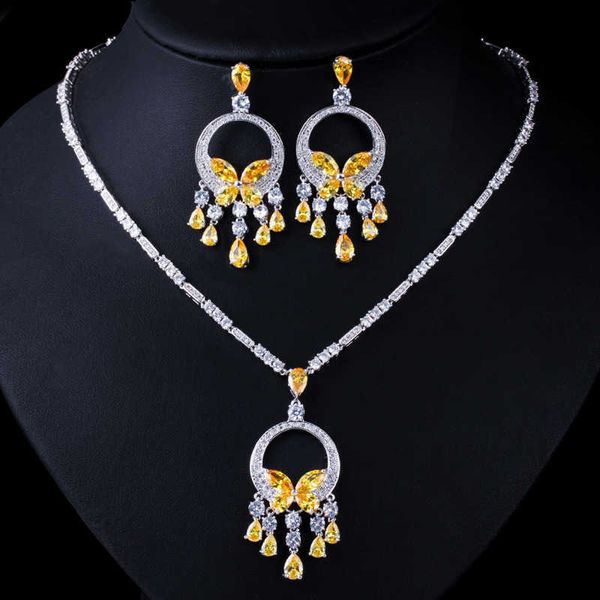 CWWZircons Nobile Giallo Cubic Zirconia Pietra Nappa Goccia Grande Collana e Orecchini di Alta Qualità Delle Donne di Promenade Del Partito Insieme Dei Monili T026 H1022