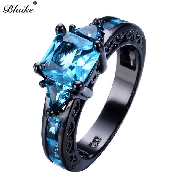 

wedding rings blaike square ocean blue zircon black gold filled for women vintage fashion birthstone ring 2021 boho jewelry, Slivery;golden