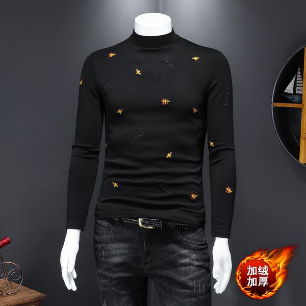 

plus velvet cotton short-sleeved t-shirt men's autumn 2021 new trend high-neck bottoming shirt fashion printing, White;black