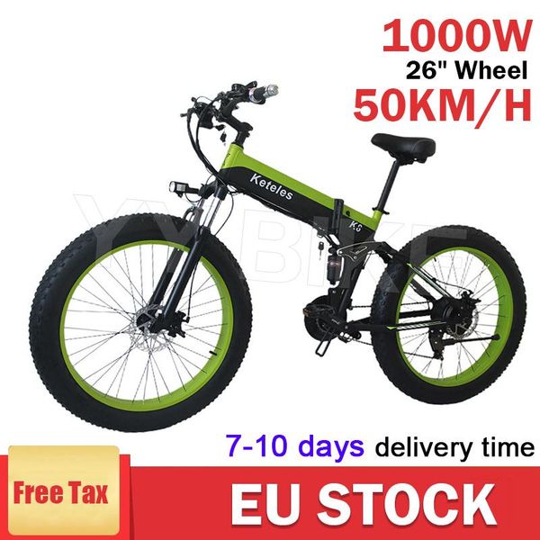 

electric bicycle keteles k8 folding bike 1000w 48v 13ah 50km/h road e-bike 26 inch wheel 21 speed hydraulic brake mountain, Silver;blue