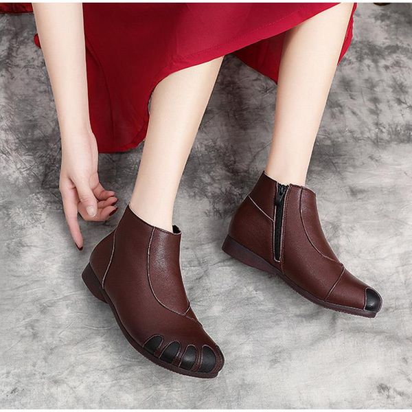 

boots women leather shoes ladies ankle fashion casual autumn low heels square toe footwear woman zipper female, Black