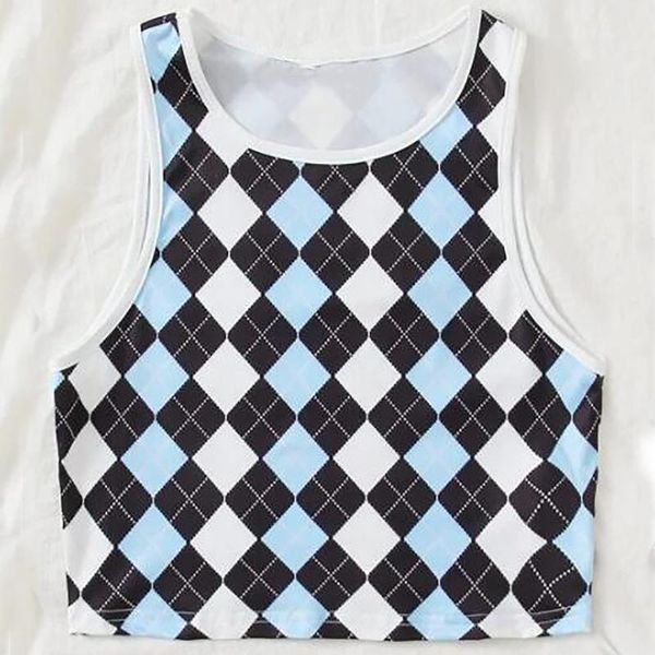

women's funny lattice printing fashion o-neck sling vest blouse elegant and simple blue plaid ladies summer traf m* tanks & camis, White